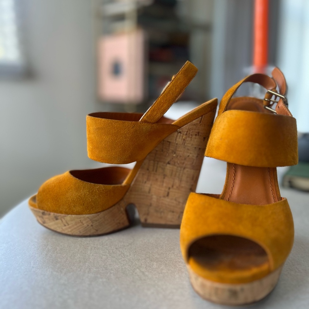 Yves Saint Laurent | YSL | Deauville Cork Heel Wedge Sandals | Yellow Marigold - Picture 6 of 8